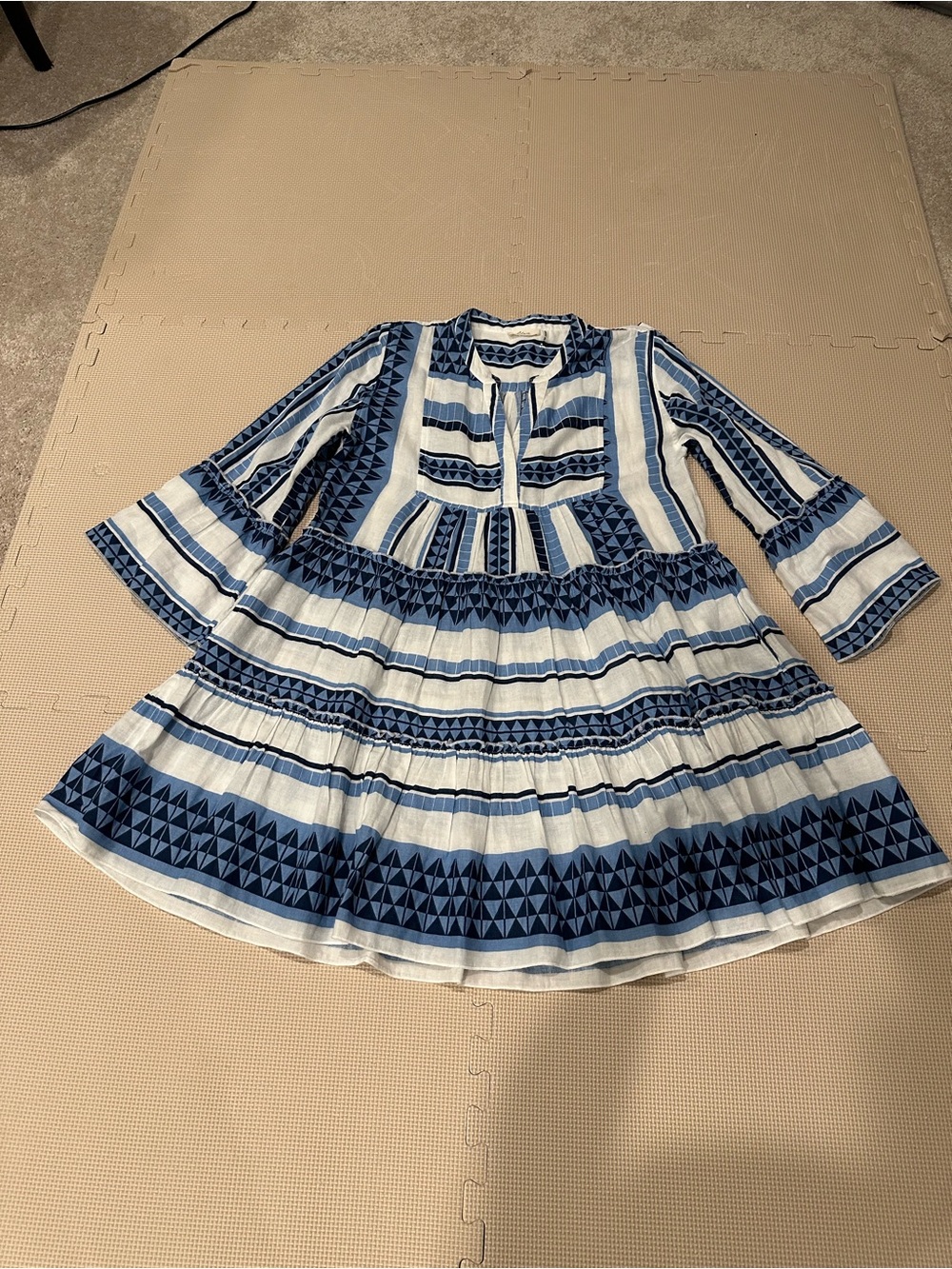 Elan Women's Blue/White Tiered Swing Dress M Long Sleeves 100% Cotton W/Pockets - Picture 8 of 10